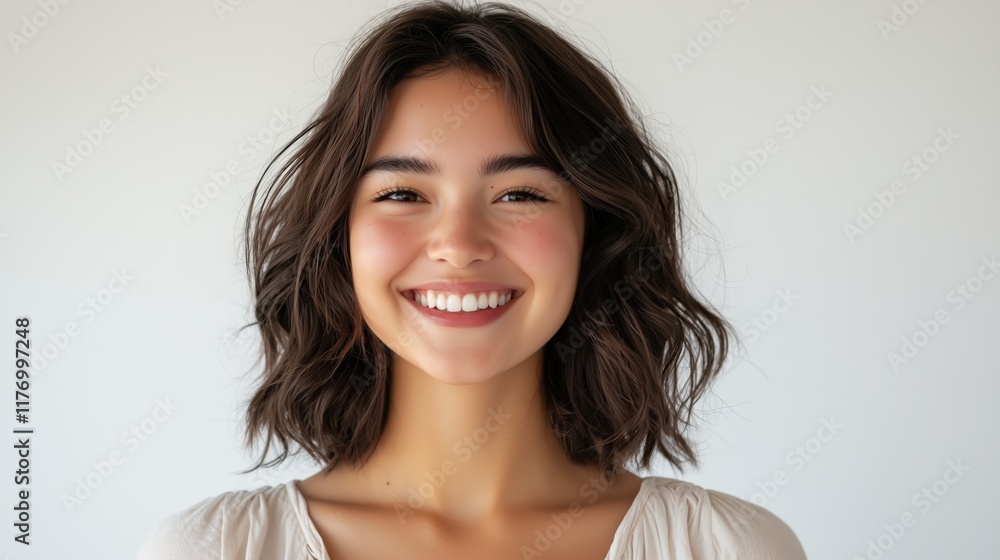 A cheerful young woman with dark curly hair and a radiant smile, posing in front of a clean and bright background wearing a casual white top, with copy space. A cheerful young woman with dark curly hair and a radiant smile, posing in front of a clean and bright background wearing a casual white top, with copy space.