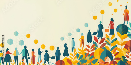 Vibrant illustration of people climbing upward with colorful leaves, Symbolic representation of growth and community success