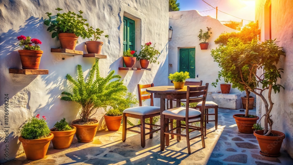 Fototapeta premium Sunny Greek Terrace: Table, Chairs, Plants, Mediterranean Vibes