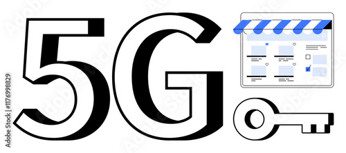 The large 5G text with a store webpage icon above a blue striped awning, and a security key symbol. Ideal for e-commerce, cybersecurity, online shopping, technology, internet of things, mobile