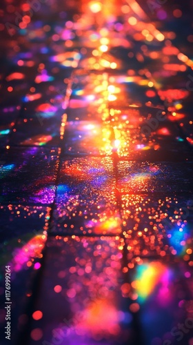 Colorful light patterns created by shimmering reflections on a surface at night