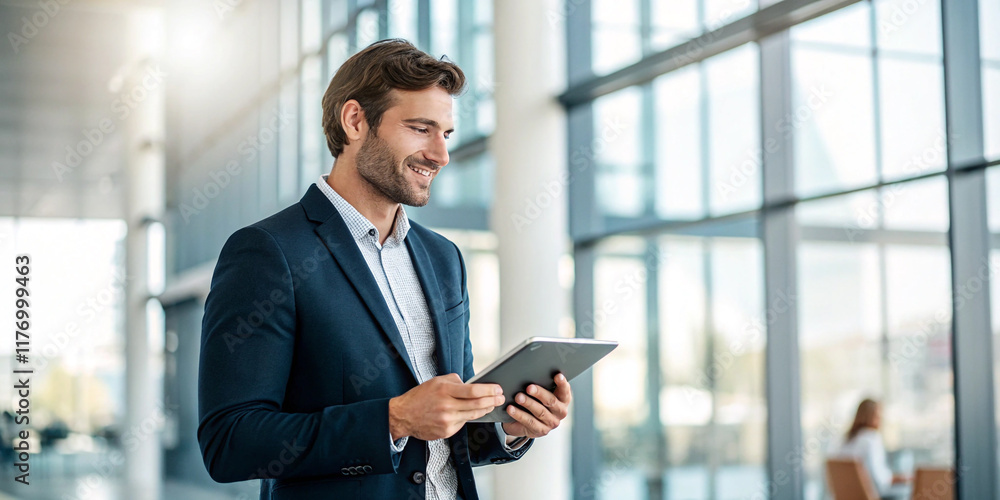 Confident Business Man Holding a Tablet in a Modern Black Suit for Professional Settings Confident Business Man Holding a Tablet in a Modern Black Suit for Professional Settings