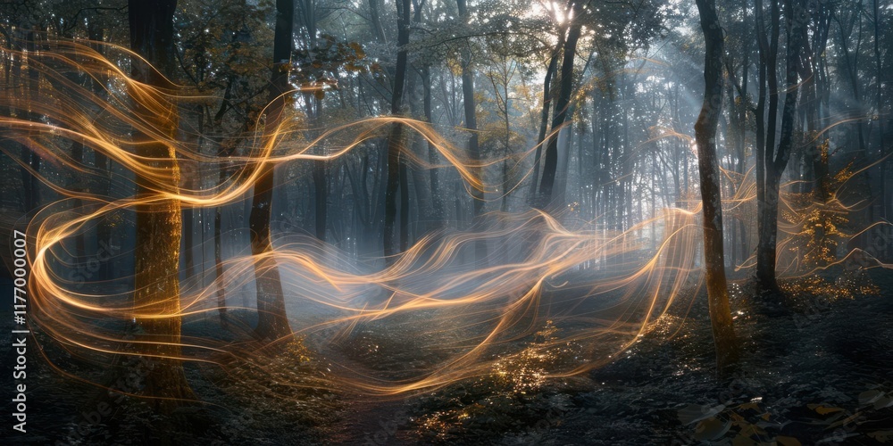Naklejka premium A mystical forest scene with glowing light trails weaving through trees in a foggy atmosphere.