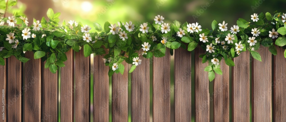 Fototapeta premium Wooden Fence Adorned with Blooming Daisies in Sunlit Garden Setting