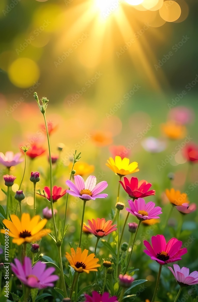 Colorful flower meadow with sun rays and bokeh - nature background banner with copy space - summer greeting card wildflowers spring flowers 