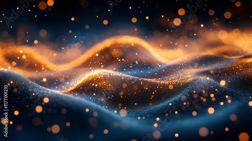 Golden particles shimmer against a dark background creating an ethereal wave effect during the evening