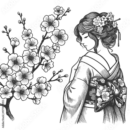 geisha in traditional kimono, surrounded by detailed blooming flowers and foliage sketch engraving generative ai fictional character vector illustration. Scratch board imitation. Black and white image