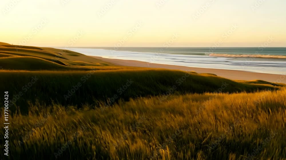 Calm beach at sunset with golden dunes, gentle waves, and swaying grass by ocean. Calm beach at sunset with golden dunes, gentle waves, and swaying grass by ocean.