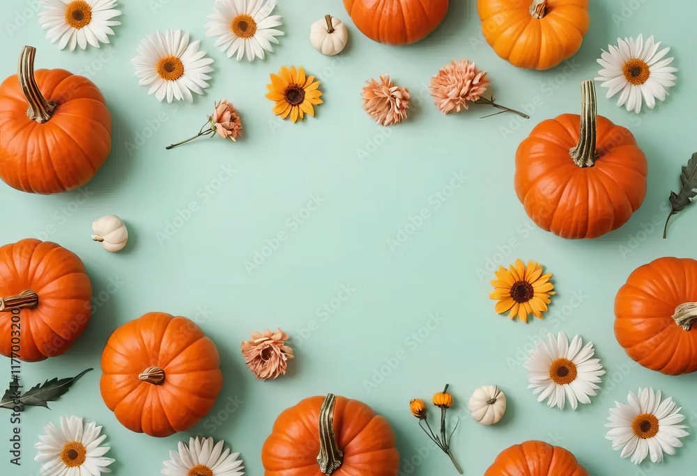 A flat lay of pumpkins and flowers on a pastel colored background