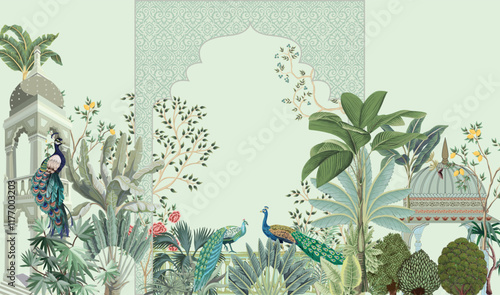 Mughal decorative garden with peacock frame for wedding invitation card. Mughal arch, Seamless background