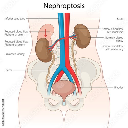 nephroptosis, showing a prolapsed kidney, reduced blood flow, and labeled structures of the renal system diagram hand drawn schematic vector illustration. Medical science educational illustration