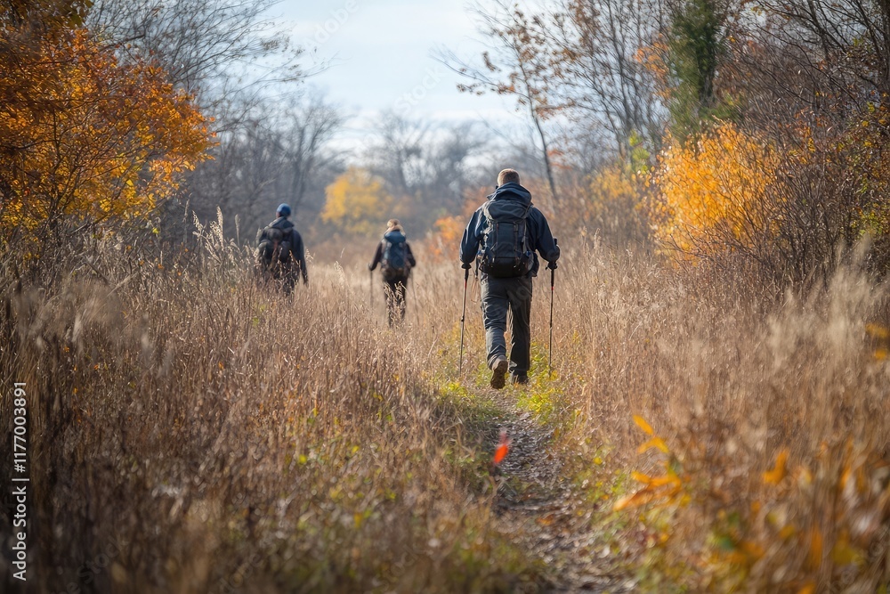 Seasoned hikers exploring a scenic trail in the countryside, representing adventure and nature. Seasoned hikers exploring a scenic trail in the countryside, representing adventure and nature.