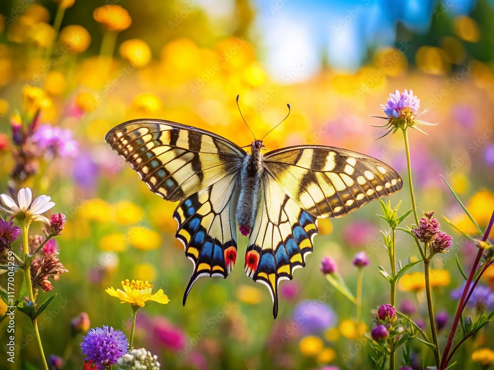 Naklejka premium Swallowtail Butterfly (Papilio machaon) on Rabenlay, Mosel River Valley, Germany - Tilt-Shift Photography