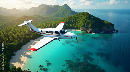 Wallpaper Mural Island Escape: A pristine beach, turquoise waters, and a plane soaring overhead – pure paradise found! Torontodigital.ca