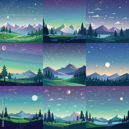 drawn nightscapes capture the serene beauty of nocturnal settings with clean, minimalist designs. These illustrations often feature majestic mountains silhouetted against deep, starlit skies.