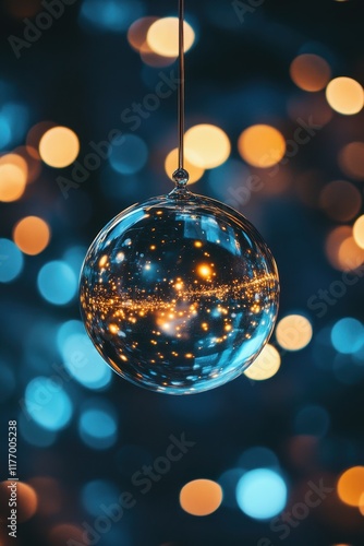 Hanging reflective ornament surrounded by glowing bokeh lights in a dreamy atmosphere. photo