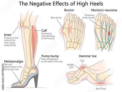 health issues caused by high heels, including bunions, hammer toe, knee pain, and calf muscle strain diagram hand drawn schematic vector illustration. Medical science educational illustration