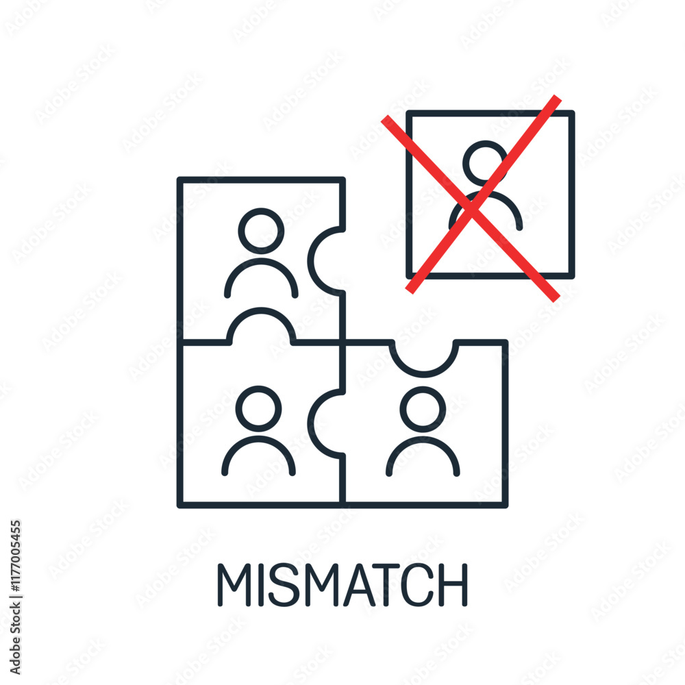 Professional mismatch, non conformity. Kick out, exclude from the team. Vector linear illustration icon isolated on white background. Professional mismatch, non conformity. Kick out, exclude from the team. Vector linear illustration icon isolated on white background.