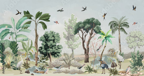 Chinoiserie Wallpaper, Garden, Jungle, animal, Beautiful Landscape, Birds, Watercolor tree.