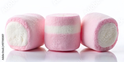 Three Pink & White Marshmallows, Macro Shot, Sweet Fluffy Candy, Isolated on White