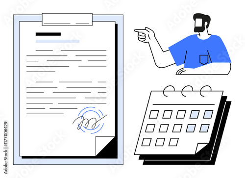 Man pointing to document on clipboard with signature, calendar. Ideal for business planning, deadlines, scheduling, organization, contracts, meetings and appointment reminders. Abstract line flat