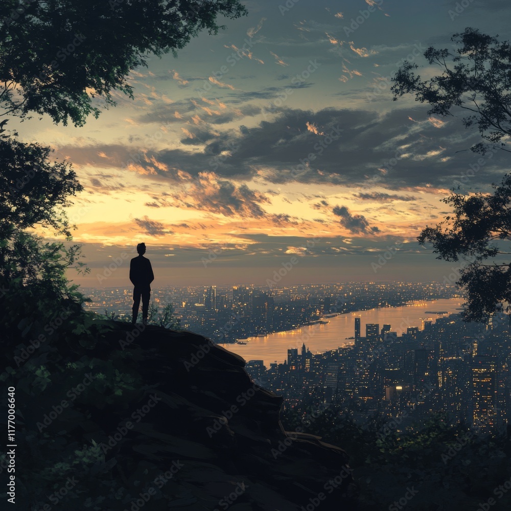 Fototapeta premium Cityscape Sunset Lone Figure Contemplates Urban Glow