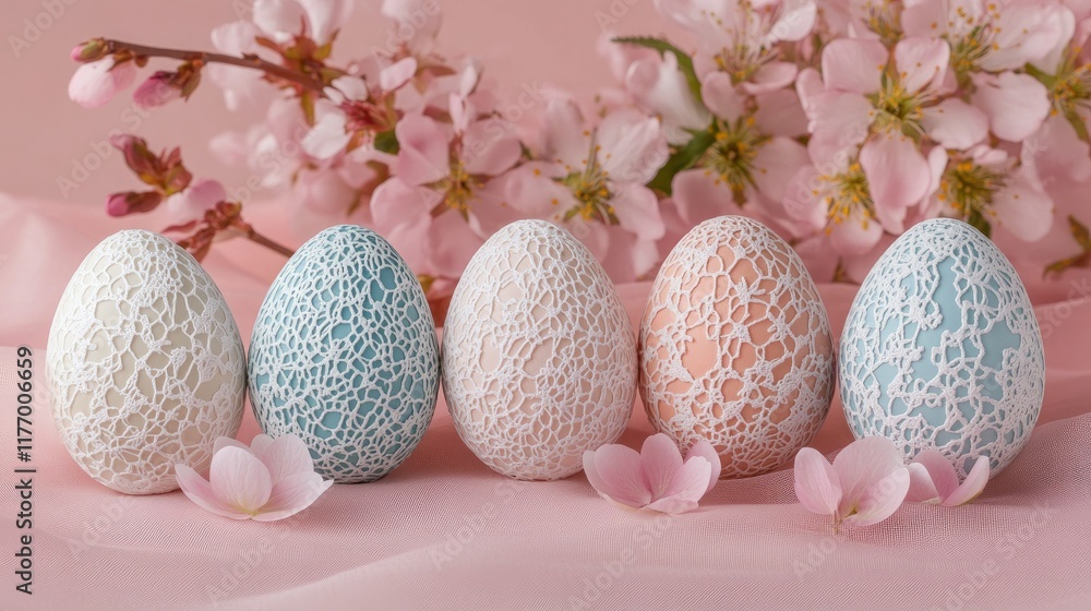 Easter eggs painted in pastel shades with dainty lace patterns, displayed on a soft pink background with spring blossoms Easter eggs painted in pastel shades with dainty lace patterns, displayed on a soft pink background with spring blossoms