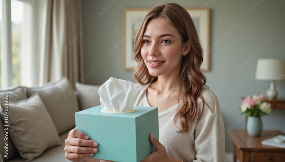 Smiling young woman holding tissue box in cozy home interior, allergy relief Smiling young woman holding tissue box in cozy home interior, allergy relief