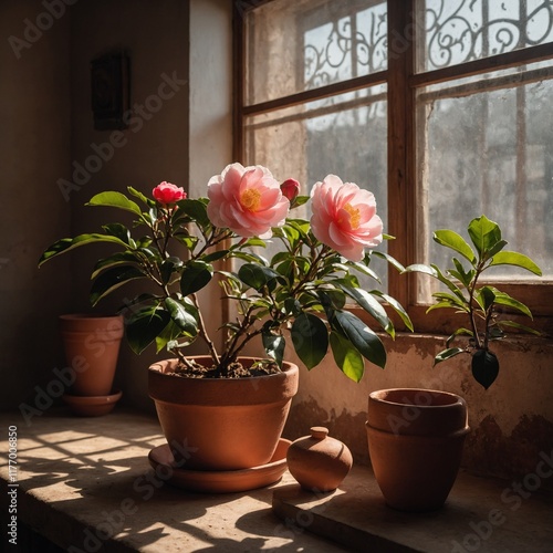 A bright kitchen with a Camellia plant in a rustic terracotta pot placed near a window with sunlight streaming in.