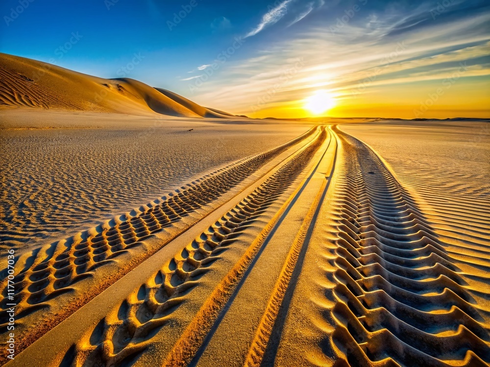 Fototapeta premium Tire Tracks and Bicycle Wheel Marks in Sand - Coastal Dune Landscape