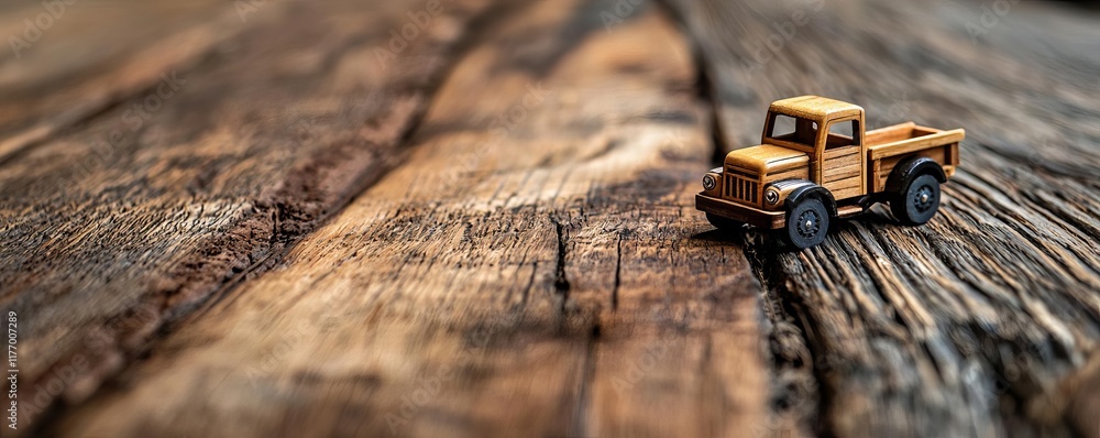 Fototapeta premium Vintage wooden toy truck on rustic wooden floor, soft shadows, warm nostalgic tones