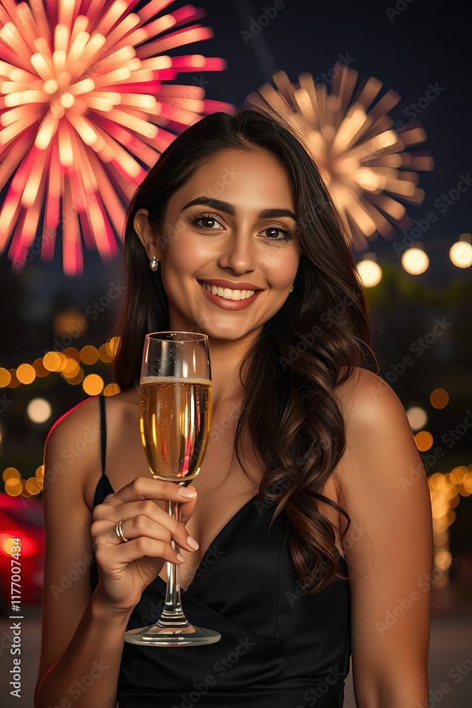 Celebrating New Year's Eve with Sparkling Champagne and Fireworks Celebrating New Year's Eve with Sparkling Champagne and Fireworks