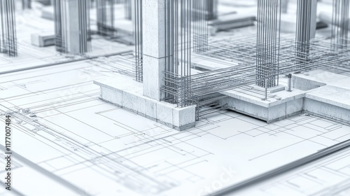 Blueprint of reinforced concrete columns steel reinforcements and foundation slabs representing an unfinished building project 3D illustration