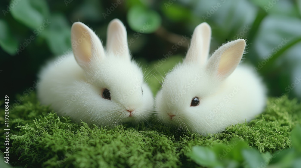 Adorable Baby Bunnies Resting on Lush Green Moss in a Serene Natural Setting Adorable Baby Bunnies Resting on Lush Green Moss in a Serene Natural Setting
