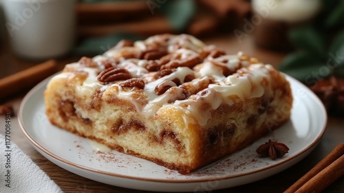 Homemade cinnamon roll cake topped with cream cheese icing and pecans on a ru...