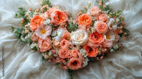Floral heart arrangement showcasing roses and ranunculus on delicate lace fabric