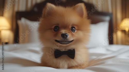 Cute fluffy pomeranian puppy sitting on soft white fur background in bright l...