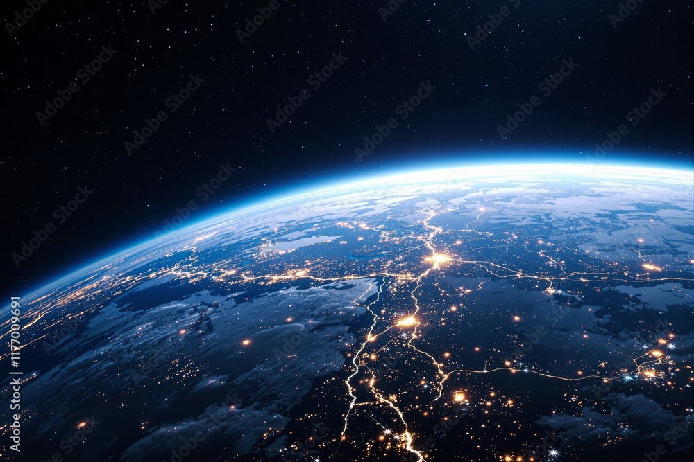 Obraz premium View of Earth from space at night with illuminated cities and glowing networks visible on the surface.