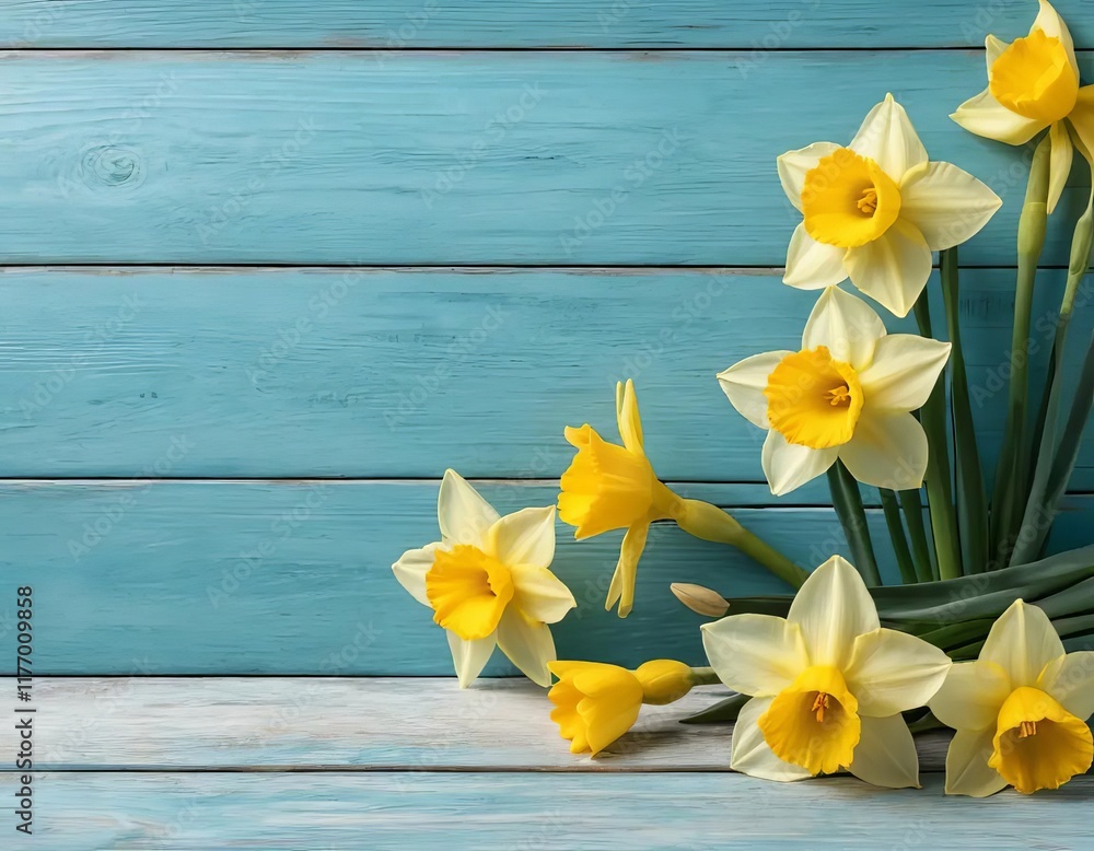 A close-up of yellow daffodils on a wooden background A close-up of yellow daffodils on a wooden background