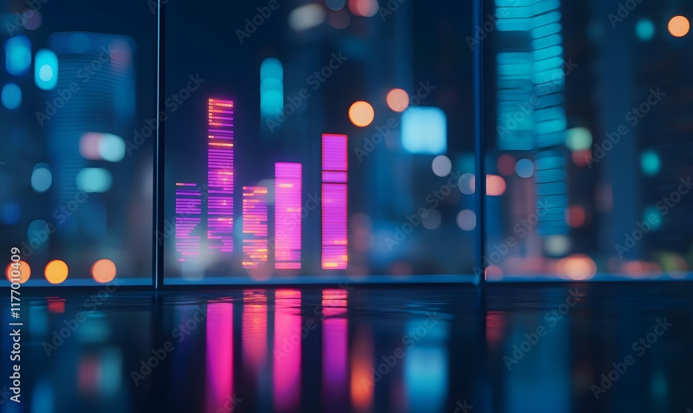 Fototapeta premium City lights behind glass. Chart reflects on floor.