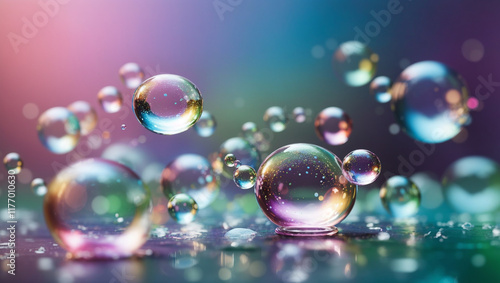 Wallpaper Mural A close-up image of many iridescent soap bubbles, set against a vibrant, colorful background. The composition showcases light and reflection with a smooth, dreamlike quality, as it’s an illustration,  Torontodigital.ca