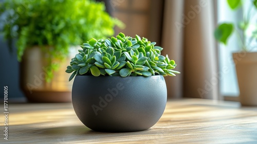 Attractive succulent plant in a modern black pot positioned on a bright woode...