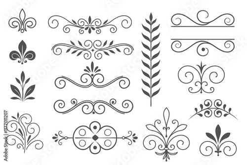 Collection of outlines of decorative elements, decorative flourish, dividers, whimsical ornaments,