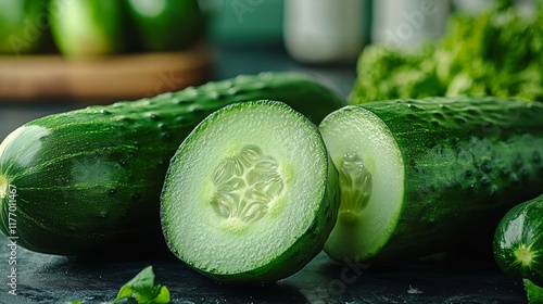Fresh cucumbers on a plate with one sliced, showcasing vibrant green colors a...
