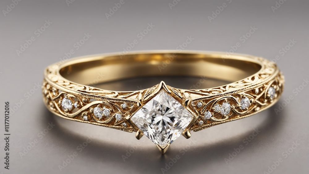 A close-up photo shows an ornate gold ring with a square-cut diamond. The ring band has a filigree pattern and small diamonds flanking the center stone. A close-up photo shows an ornate gold ring with a square-cut diamond. The ring band has a filigree pattern and small diamonds flanking the center stone.