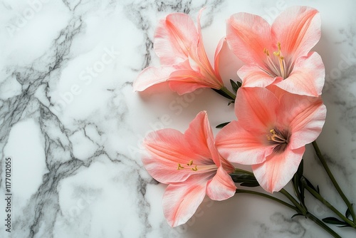 Beautiful pink flowers arranged on a marble surface showcasing elegance and c...