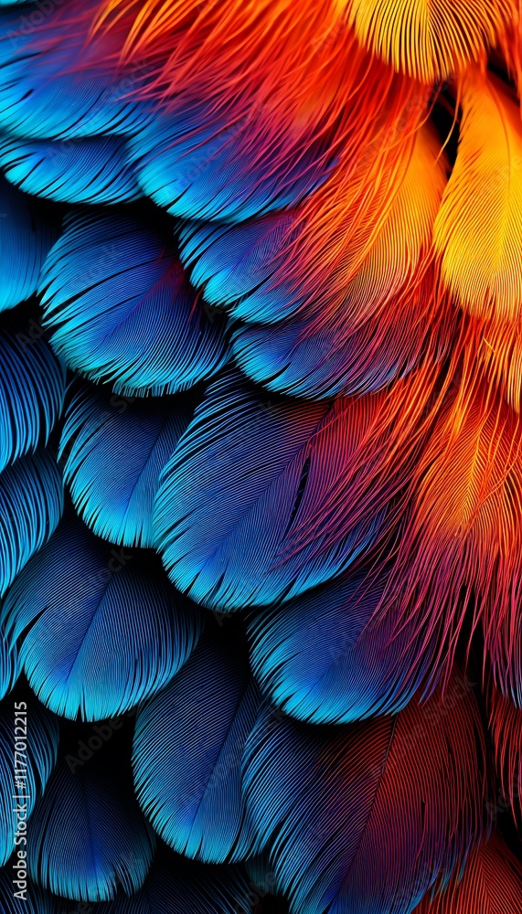 Fototapeta premium Vibrant feathers in shades of blue, orange, and red.