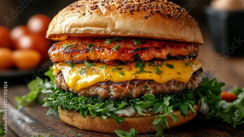Delicious burger with fresh toppings served on a slate plate in a casual dini...