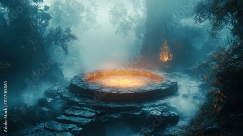 Ancient stone circle illuminated by mysterious flames at twilight in an other...