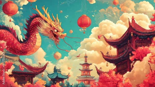 Crimson Dragon Soaring Over Asian Temples and Lanterns photo